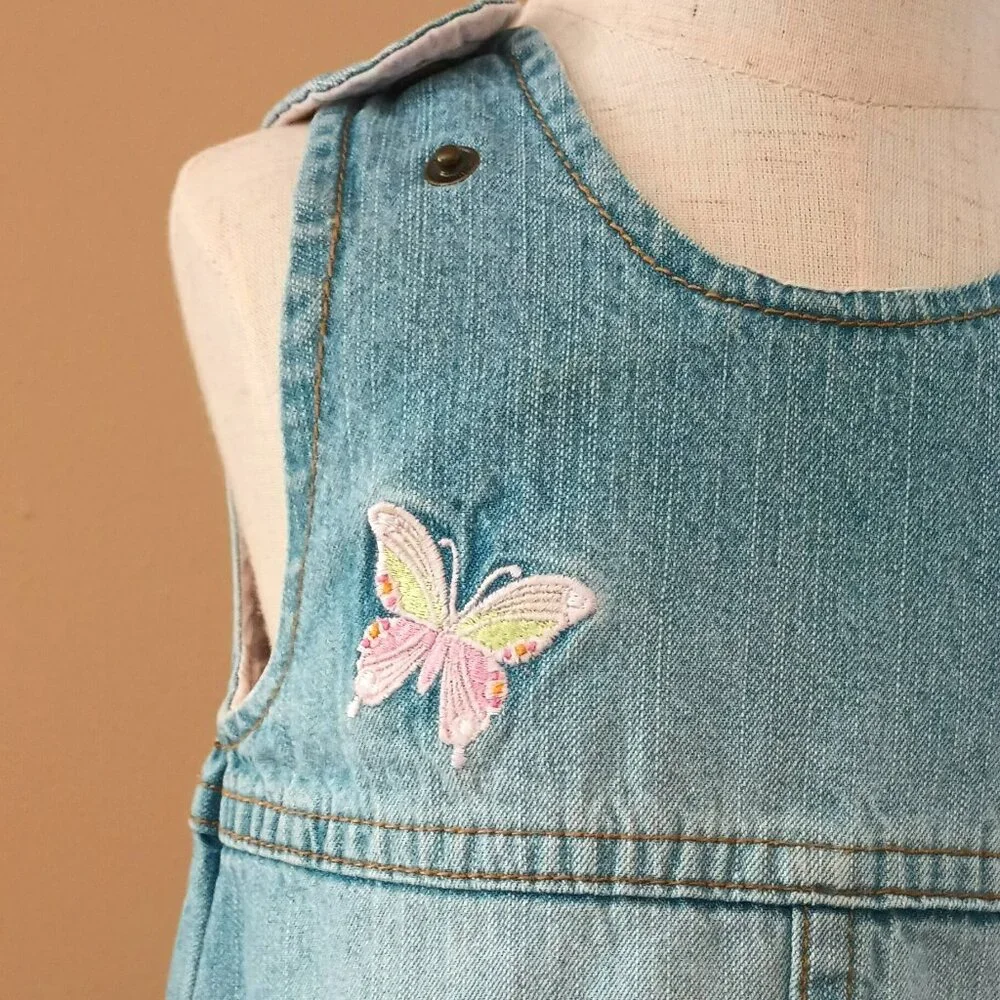 Embroidered Denim Overall Dress 9-12M Pink Ruffle Hem and Butterflies Pockets